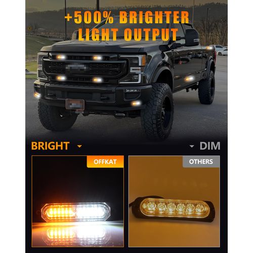 OFFKAT Upgraded 8 PCS [SUPER BRIGHT] 12-LED Sync Feature Emergency Strobe Lights for Truck, [20 FLASHING MODES] Amber & White Strobe Lights, Ultra Slim Flashing Lights for Vehicle/Car/ATV/UTV
