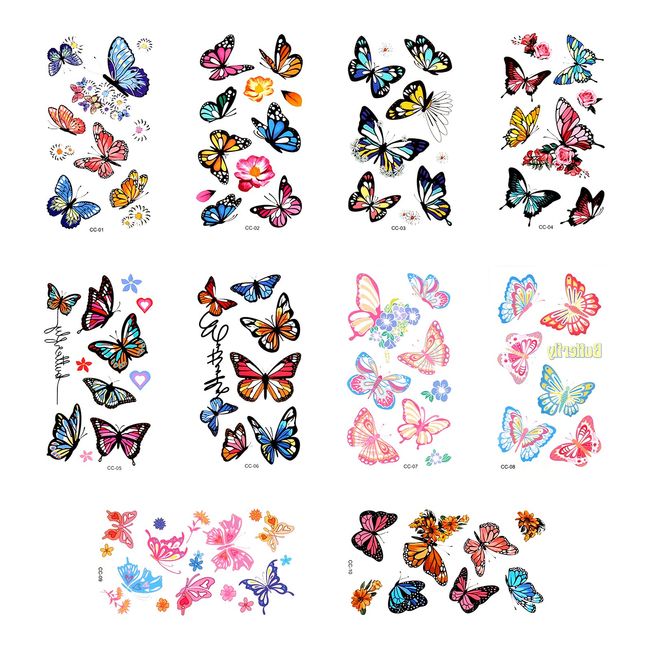 10 Sheets/99pcs Butterfly Temporary Tattoos, Colorful Butterfly Tattoo Stickers Waterproof Cute Butterfly Tattoo for Girls Women Daily Makeup Birthday Party Carnival