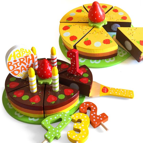 Wooden Toy Play Birthday Cake Set - Wooden Pretend Play Food Toy,18 Pieces Inclwith Wooden Cake Server, Wooden Plate, Wooden Candles, Fruit and Decorations, Reversible 2-in-1 Cake, Rainbow Design