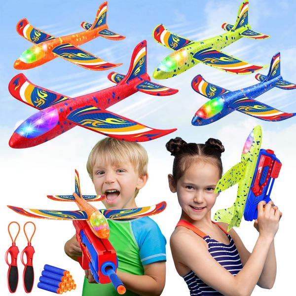 Aigybobo 9 Pack Airplane Launcher Toys, Foam Glider Led Plane with 2 Launchers, Slingshots, Bullets, Kids Outdoor Flying Toys with 2 Flight Modes, Gifts for Boys Girls 4 5 6 7 8 9 10 11 12 Year Old