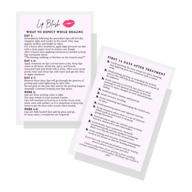 Lip Blush What to Expect When Healing Cards | Package of 30 | Double Sided Size 4x6" inches Postcard | PMU Lavender with Lips Design