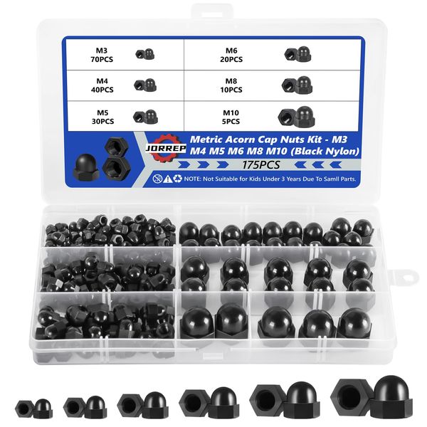 Acorn Nuts, 175Pcs Hex Acorn Cap Nuts Assortment Kit, Metric Black Nylon Cap Nuts Hex Cap Nuts - M3 M4 M5 M6 M8 M10 Caps for Bolt Dome Head Hex Nuts