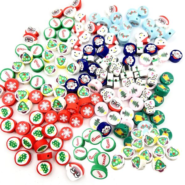 100 Pcs Christmas Themed Polymer Clay Beads for Jewelry Making 10mm Flat Round Clay Disc Beads Kit for Xmas DIY Bracelet Earring Necklace Gifts Crafts for Kids Girls Adults