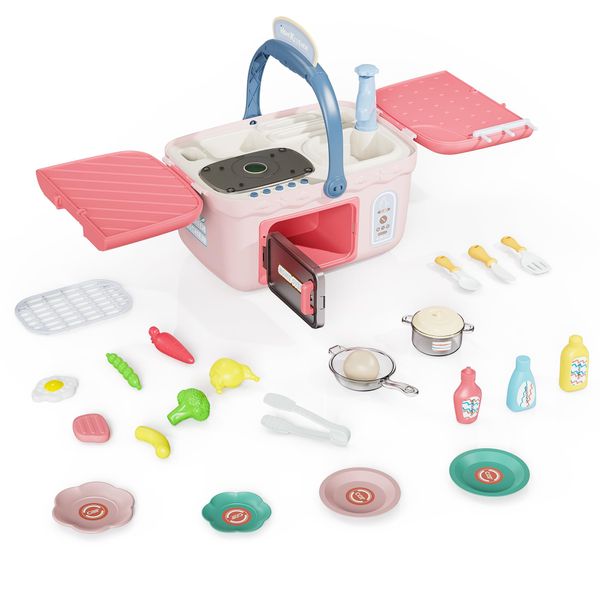 Contixo PT1 Kids Kitchen & Picnic Playset - Portable Picnic Basket Toddler Toys with Music, Lights & Color-Changing Foods, Pretend Grill, Sink & Oven - Fun Pretend Play Toys for Boys & Girls