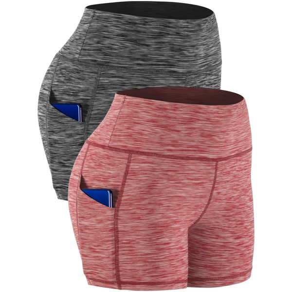 CADMUS Women's High Waist Yoga Shorts,Tummy Control,Workout Shorts Out Pockets,2 Pack,1015,Black & Red,Medium