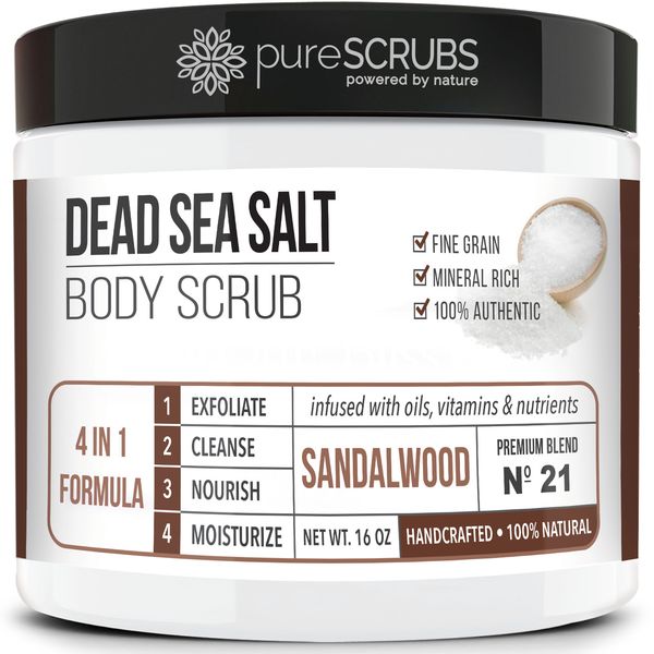 pureSCRUBS Sandalwood Dead Sea Salt Body Scrub + FREE Spoon, Loofah & Soap