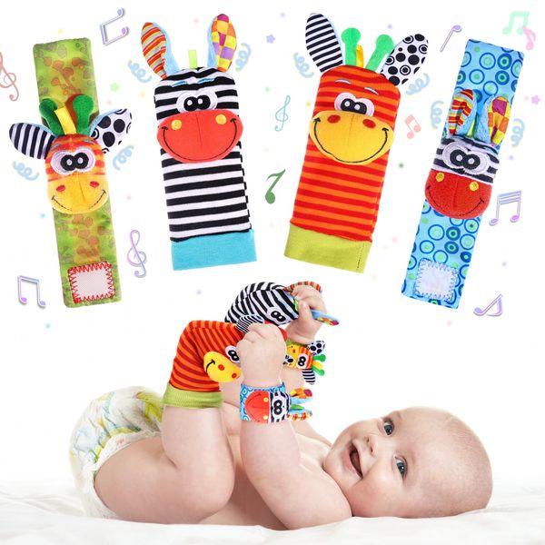 PADONISE Wrist Rattle Foot Finder Socks Set for Baby Arm Hand Bracelet Rattle Feet Leg Ankle Socks Newborn Soft Sensory Toys Baby Socks Newborn Rattles Toys Baby Gifts 0-3 6-12 Months Infant Girl Boy