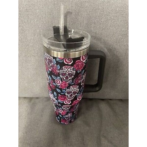 40oz Skulls Tumbler Cup w/Handle & Straw -Insulated Travel Mug