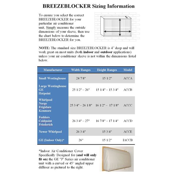 Indoor Air Conditioner Cover Specifically Designed for GE "J" Series Units - Width 26" & Height 15-1/2" - BREEZEBLOCKER