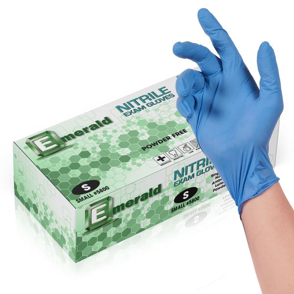 Emerald -100 Pack- Nitrile Medical Exam Gloves, Latex Free, Powder Free, Blue, Size: Small