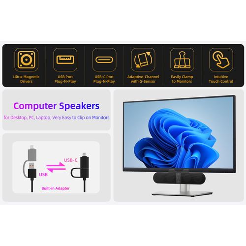 Computer Speakers for Desktop PC Monitor, USB Plug-in, Wired, Computer Soundbar for PC, Laptop Speakers with Adaptive-Channel-Switching, Loud Sound, Deep Bass, USB C Adapter, Easy to Clip on Monitor