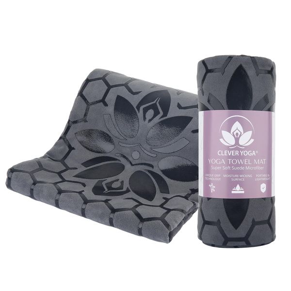 Clever Yoga - Non-Slip Hot Yoga Towel Mat with Sweat Absorbent Microfiber Suede & Double Sided Grip Hot Yoga Mat Towel with Honeycomb Design - Gray