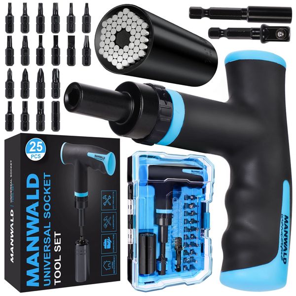 MANWALD Universal Socket Tool Set, Ratcheting T-Handle Screwdriver Set with Power Drill Adapter, Valentines Day Gifts for Him, Women, Dad, Blue, Black