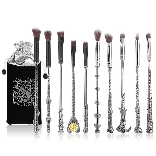 [10 PCS] Makeup Brush Set Metal, Silver Handle Wizard Wand for Foundation Blush, Eyeshadow, Face Concealer, Eyeliner Contour, Powder Liquid Eye, Anime Gift for Girls Women