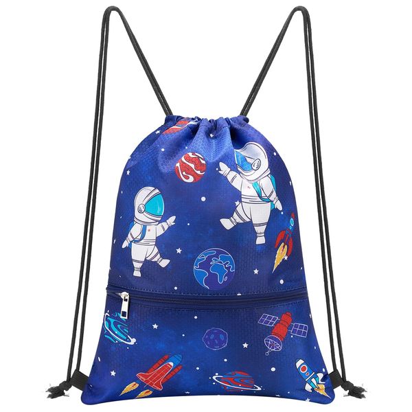 WAWSAM Kids Drawstring Backpack - Space Waterproof Drawstring Bag for Boys Kids Sport Bag Lightweight String Bag Swim Bag for Beach Pool Shopping Gym Travel Yoga Sackpack with Zipper Pocket