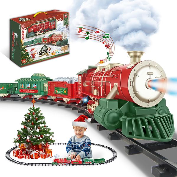 Train Set -Train Set for Toddlers w/Christmas Music Light & Smoke, Train Set for Under Christmas Tree, Train Sets for Kids 4-7, Christmas Train for 3 4 5 6 7 8 Year Old Boys Girls Kids Birthday Gift