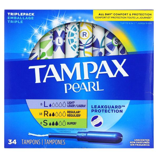 Tampax Pearl Tampons Multipack, Light/Regular/Super Absorbency, With Leakguard Braid, Triple Pack, Unscented, 34 Count