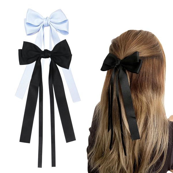 2Pcs Bow Hair Clips, Hair Bows with Long Ribbons Satin Ribbon Hair Bows for Women Girls(Black, Blue)