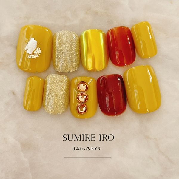 Nail tips False nails Bridal nails Short Coming-of-age nails Design Simple nails Nail Beige nails Small nails Large nails Very short Chibi nails Adult nails False nails Custom nails<br> [o2202] Yellow mustard large stone clear brown mirror