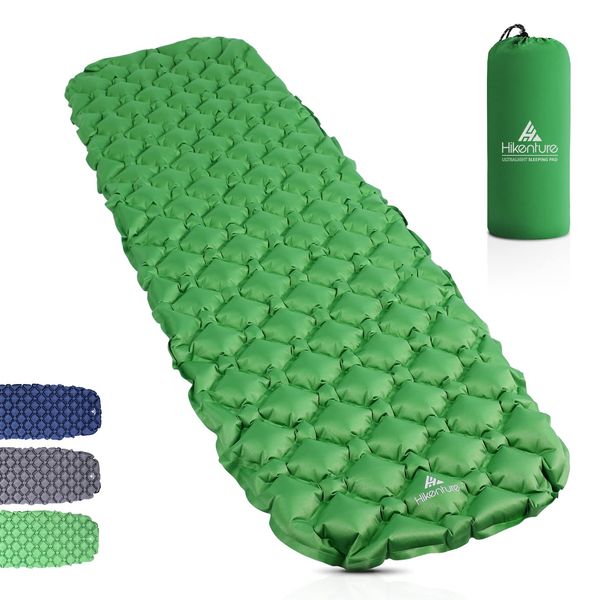 HIKENTURE Ultralight Inflatable Sleeping Mat, Unisex Adult Sleeping Pad for Camping Small Pack Size, Camping Mattress for Travel, Outdoor, Hiking, Beach, Green without Pillow