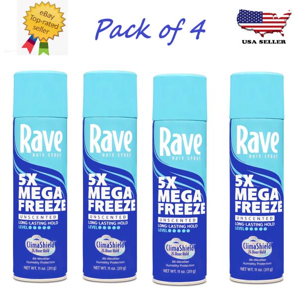 Rave 5X Mega Freeze Hair Spray, All-Weather Protection with 11 oz (Pack of 4)