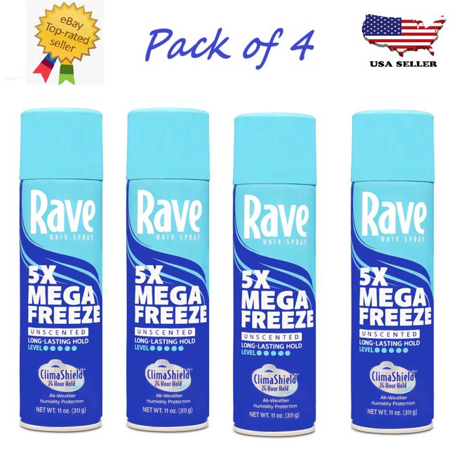 Rave 5X Mega Freeze Hair Spray, All-Weather Protection with 11 oz (Pack of 4)