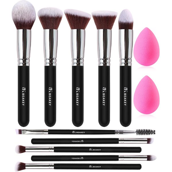 BEAKEY Diversity Make up Brushes 12Pcs Makeup Kit, Premium Synthetic Kabuki Foundation Face Powder Concealers Eyeshadow Blush Brushes Make up Brushes Set, with 2pcs Blender Sponges (Black/Silver)