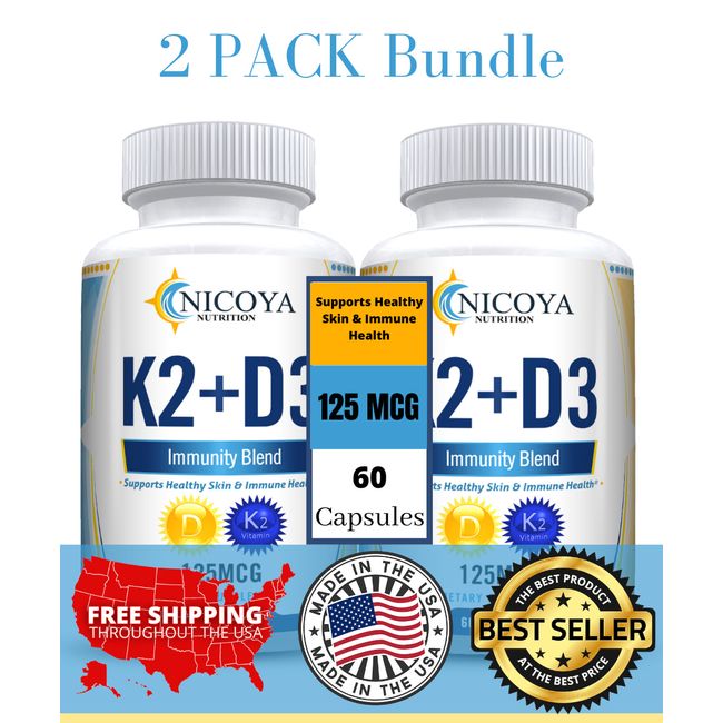 K2 (MK7)+D3 for Bone & Heart Health, Mood, Immune & Skin Support  -2 Pack