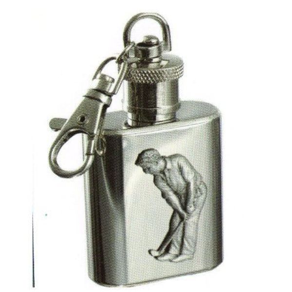 1oz hip flask keyring with golf badge