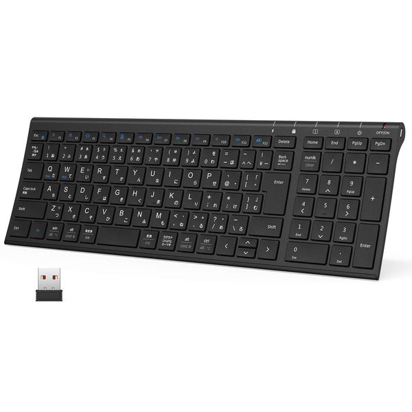 iClever GKJ22B Wireless Keyboard, Wireless, 2.4 GHz (Receiver Included) Numeric Keypad, USB Rechargeable, Japanese JIS Array, Thin, Compact, Quiet, Lightweight, Pantograph, Media Function, PC, Laptop,