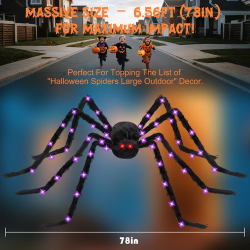 BUFANYU Giant Halloween Spider Decorations - Large Hairy Fake Spider 78IN 44 Purple Lights & 2 Red Eyes, Bendable Metal Legs, 8 Light Modes, Timer - Indoor/Outdoor Yard, Porch & Haunted House Decor