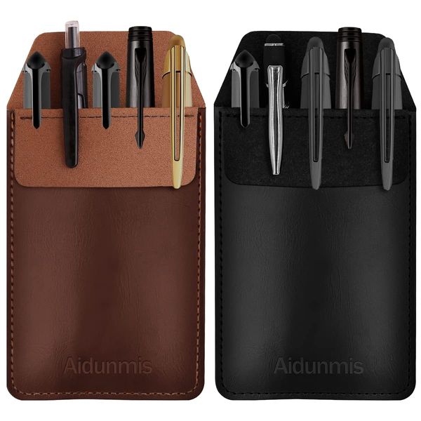 Aidunmis Pocket Protector, 2 Pieces PU Leather Pocket Pen Holder Organizer Pouch for Shirts Lab Coats Pants Pen Sleeve MultiPurpose Pen Pocket Holds Pens Pointers Pencils and Notes Card (Brown, Black)