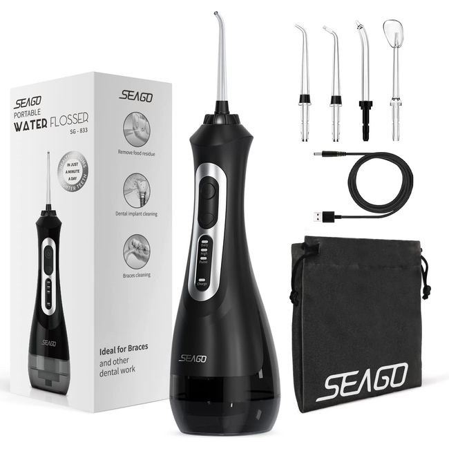 Seago Water Dental Flosser Oral Irrigator with 3 Modes，Cordless Water Teeth Cleaner with 5 Jet Tips，IPX7 Waterproof Rechargeable Portable Powerful Flosser for Teeth for Travel & Home Braces(833 Black