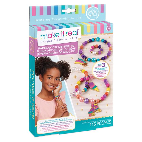 Make It Real: Rainbow Dream Jewelry Kit - Create 3 Unique Charm Bracelets & A Ring, 123 Pieces, Includes Play Tray, All-in-One, DIY Colorful Bead Jewelry Kit, Tweens & Girls, Arts & Crafts, Ages 8+