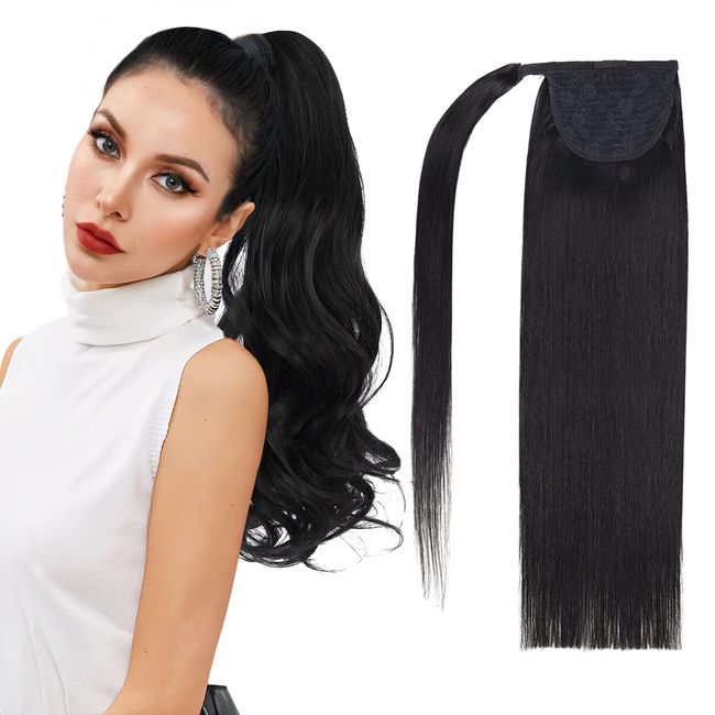 18"Human Hair Ponytail Wrap Around Clip in Ponytail Hair Extensions for Women Off Black(#1B) 100g/3.5oz