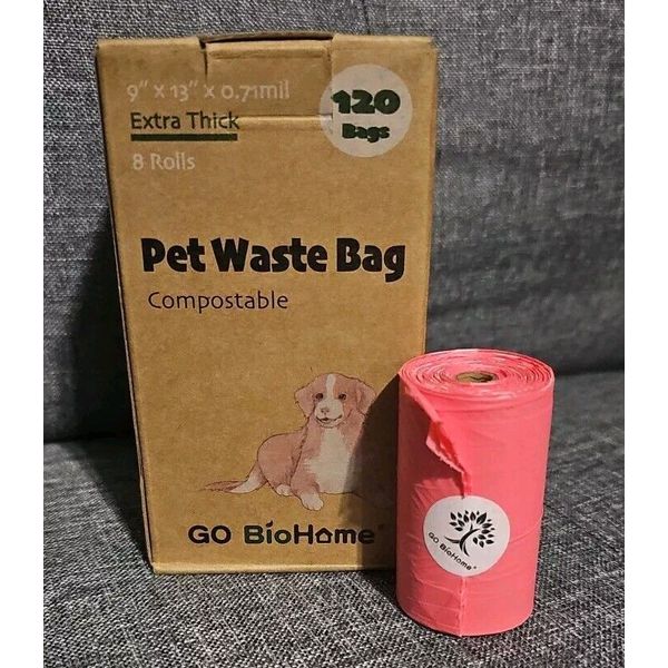 Go BioHome Pet Waste Bag Pink Compostable 120 Bags Thick 9” X 13”