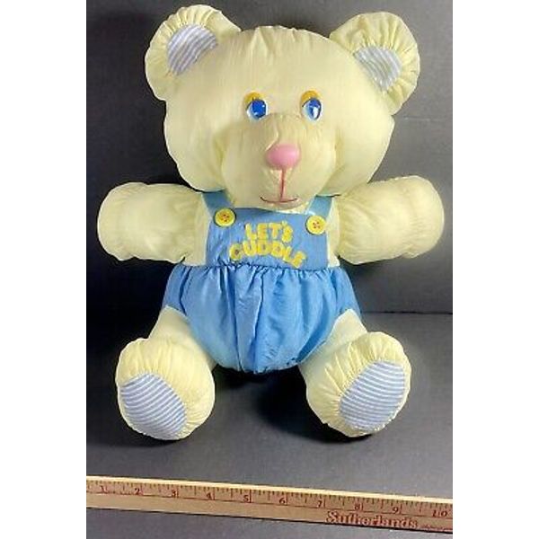 Lets Cuddle Teddy Bear  Plush 12” Yellow Puffy Nylon MTY Stuffed Animal Vintage