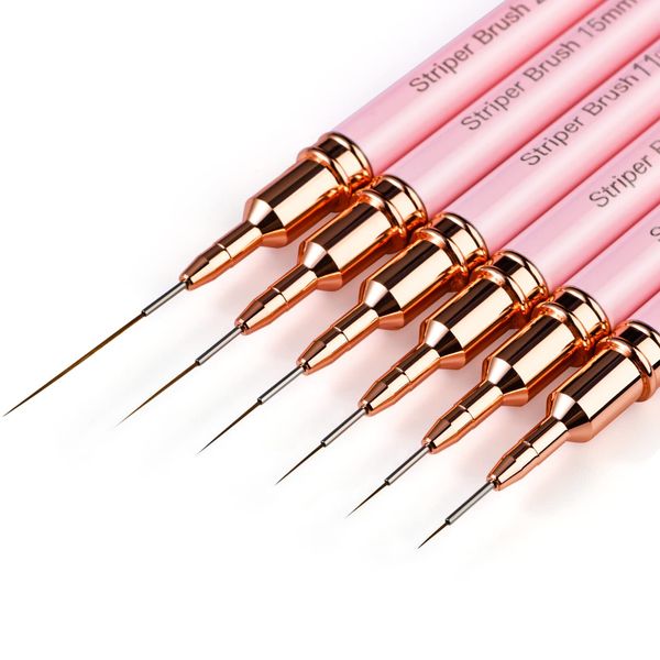 Striping Nail Art Brushes, 6pcs Super Fine Striper Brush Set for Long Lines, Thin Details, Fine Drawing, Delicate Coloring, Elongated Lines, Pink Metal Handle Nail Brushes (5/7/9/11/15/25mm)