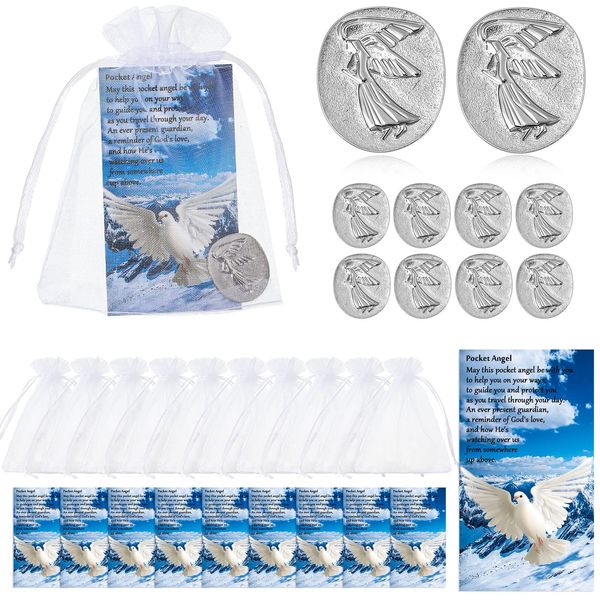 10 Sets Memorial Angel Sign Coins Funeral Pocket Token Peace Dove Poem Lucky Prayer Cards Angel Coin Funeral Favors for Guests Celebration of Life Favors (Memorial Angel Theme,30 Pieces)