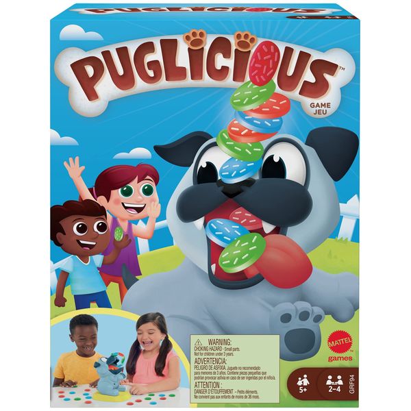 Mattel Games Puglicious Kids Game, Dog Treat-Stacking Challenge with Hungry Puppy, for Kids 5 Years & Older