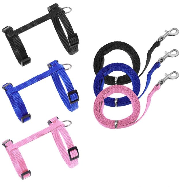 metagio 3 Stück Kaninchen Geschirr Hasengeschirr mit Leine, Verstellbare Kaninchengeschirr, Nylon Kaninchengeschirr für Kleintiere Verstellbar Weich Atmungsaktiv Walking Harness Set(Blau,Pink,Schwarz)