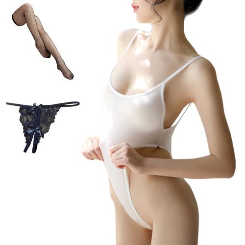 OLYOLY 3-Piece Set, Ultra Thin, Perforated, Ultra High Leg Leotard, Swimsuit, Extreme Sexy, Lingerie, Wet and See-through, Cosplay, Sheer Underwear, School Swimsuit, T-back, Knee-High, White, white