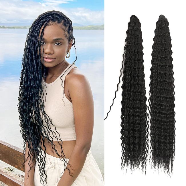 BLL Ocean Wave Crochet Hair Deep Wave Curly Braiding Hair For Boho Braids 2 Packs Long Wavy Braiding Synthetic Hair Extensions For Black Women (30 Inch(Pack of 2), 1B)