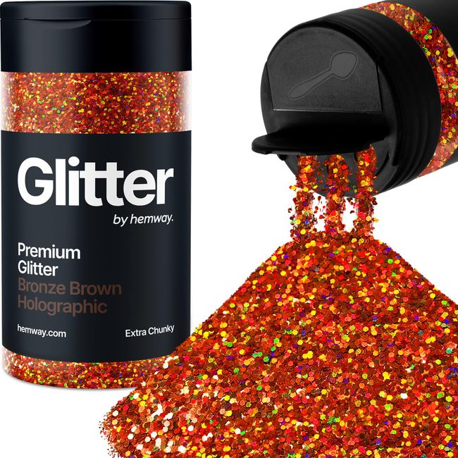 Hemway Bronze Brown Holographic Glitter Extra Chunky 115g/4.1oz Powder Metallic Resin Craft Glitter Flake Sequins for Epoxy Tumblers, Hair Face Body Eye Nail Art Festival, DIY Party Decorations Paint