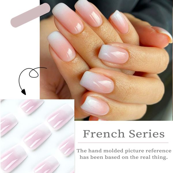 Press on Nails Medium Design, 24pcs Short Fake Nails Almond French Glue on Nails Set with Adhesive Tabs Nail File for Women French Glue On Nails with Jelly Sticker