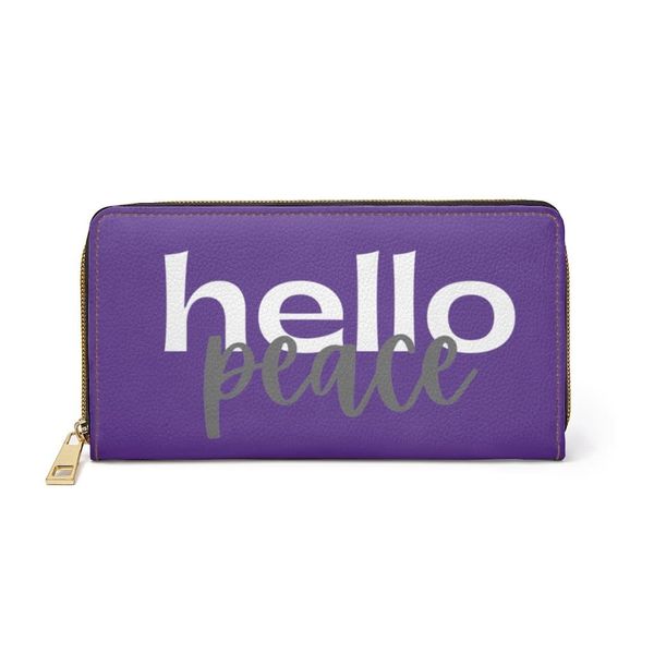 Womens Wallet, Zip Purse, Purple & White Hello Peace - One size