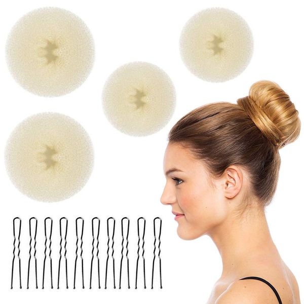 4 Stück Haar Donut Hair Bun Maker und 10 Stück Haarnadeln, Dutt Maker Blond Haar Donut Duttkissen Donut Haar Zubehör, Easy Bun Ringe für Frisur Tänzer Kinder Mädchen Frauen