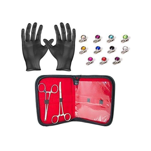 Dermal Body Piercing Kit - 2 Stainless Steel Forceps with 11 Dermal Tops with Colored Gems and 11 316L Anchors Piercing Jewelry + Free Gloves and Carrying Pouch - PK009