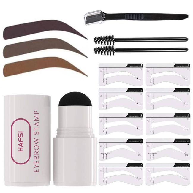 HAFSI Eyebrow Stamp Shaping Stencil Kit, All in One Brow Stamp Waterproof Eye Brow Stamp with 10 outstanding Pieces Reusable, Eyebrow Definer Eye Makeup Shaping Tool for Girls and Women (Dark Brown)