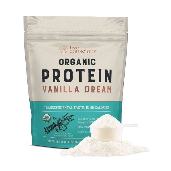 Live Conscious Organic Pea Protein Powder - Vanilla Dream Flavor | Plant-Based Vegan Protein Blend - Pea, Brown Rice, Pumpkin, Sacha Inchi | 20 Servings 18.2 oz